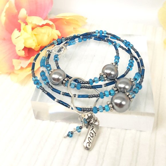 Dark Blue Hematite & Heart Charm Dangle Boho Wrap Bracelet/Necklace Earrings Set - Picture 3 of 17